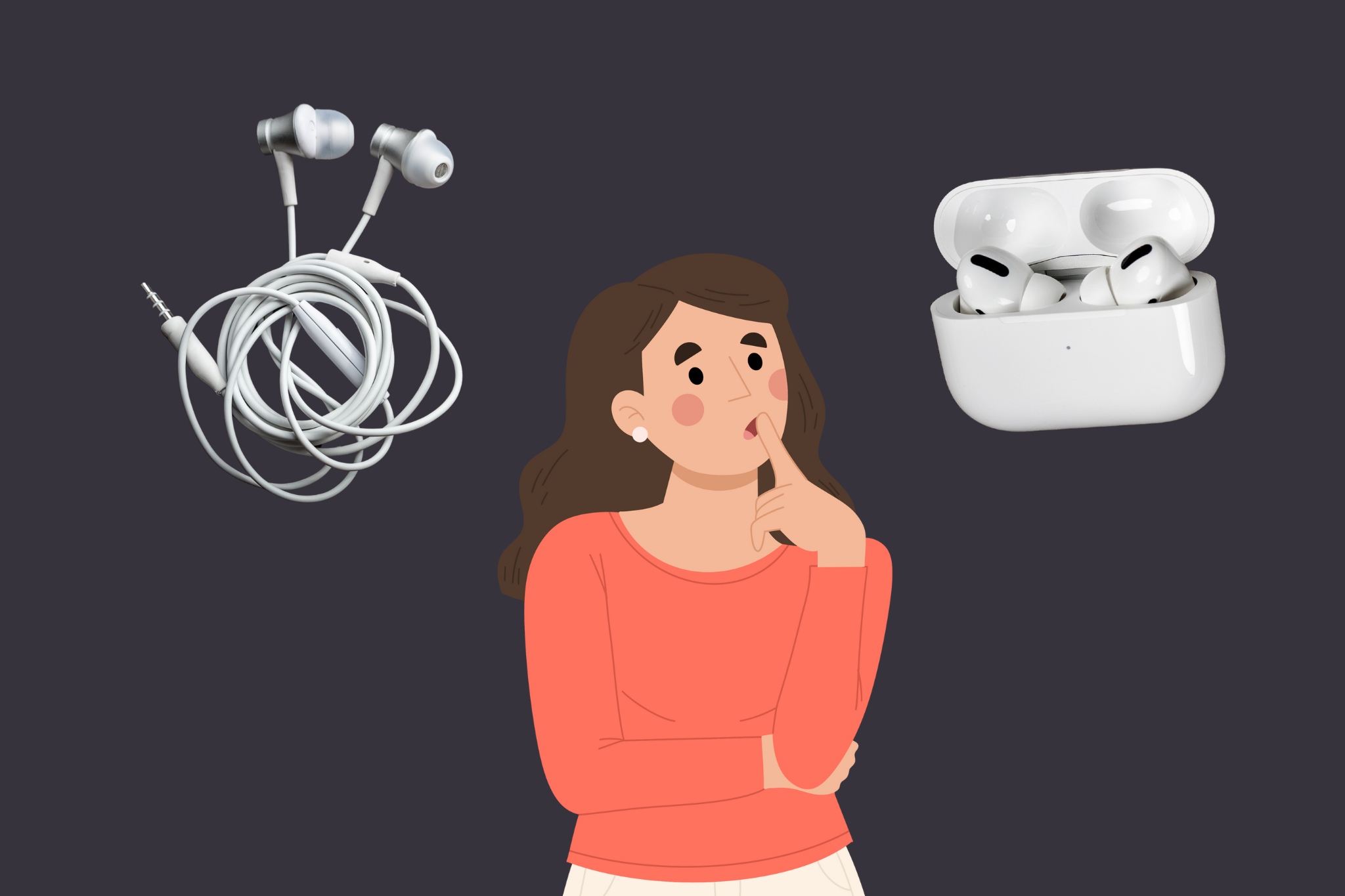 Image of a girl choosing between wired vs wireless headphones