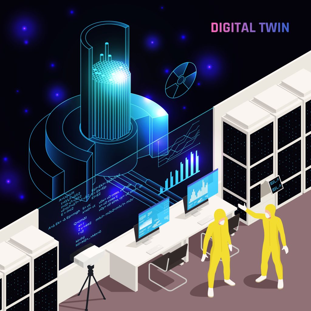 Success of Digital Twins: Mirroring the Real World in Bits and Bytes 19 Digital twins reactors advanced simulation testing running technology based on physical model data isometric composition vector illustration