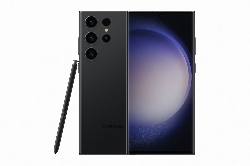 A phantom black S23 Ultra with it's S-pen